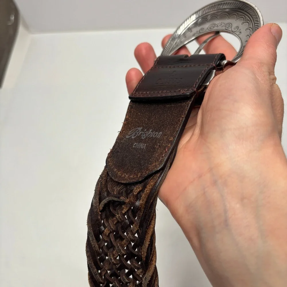 Brighton Leather Woven Belt Women Size‎ L Silver Tone Buckle Brown Boho SEE